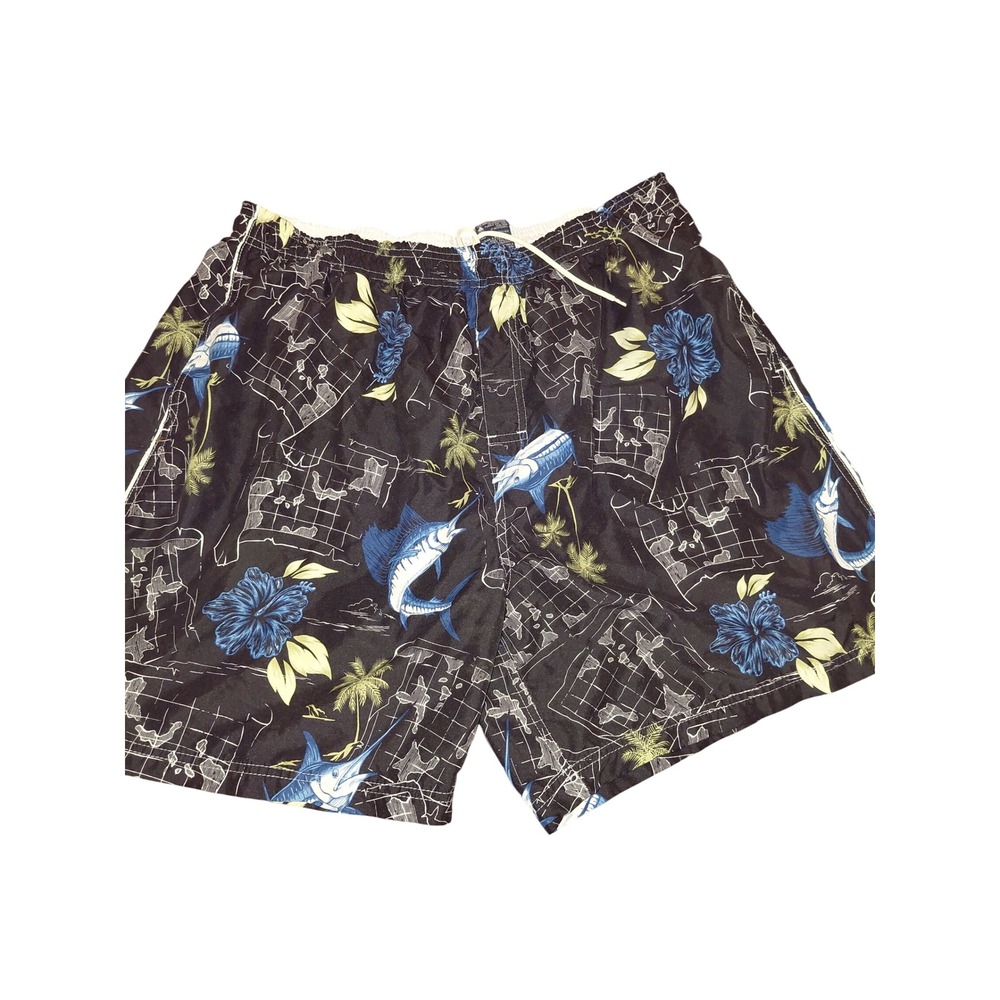 Puritan Mens XL Swim Trunks Black Blue Marlin Tropical Floral Mesh Lined Shorts